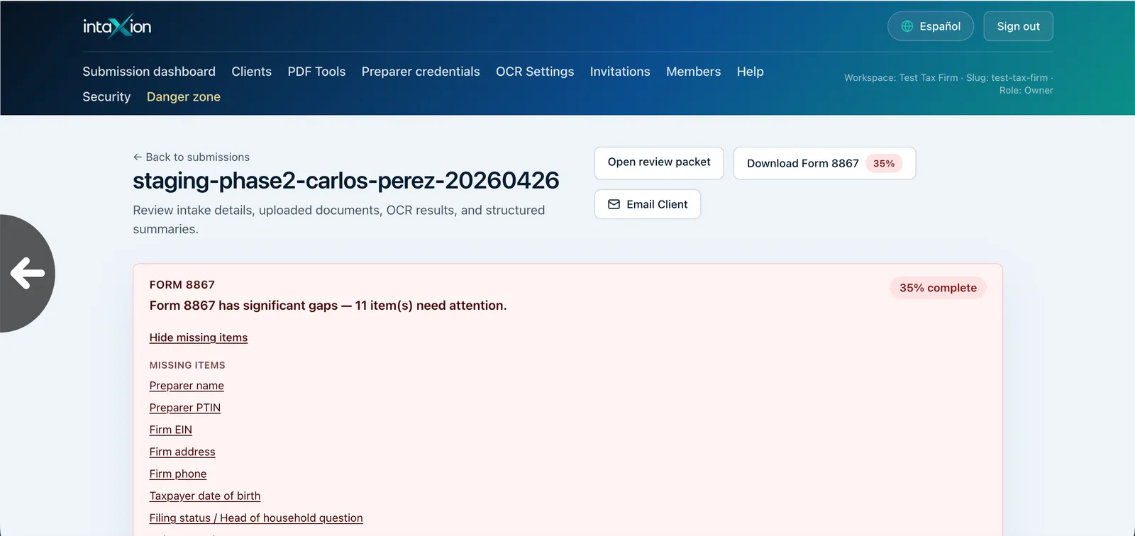 Intaxion missing documents screen
